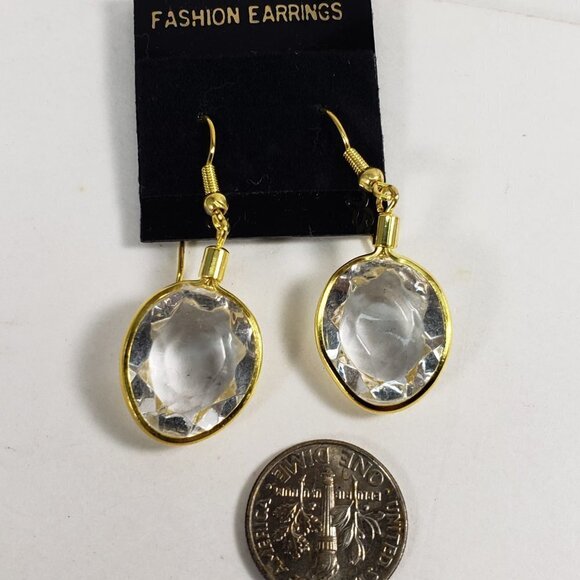 Elegant Clear Gem 1.5" Drop Earrings – Gold Tone Oval Dangle Lightweight Jewelry - Picture 8 of 8